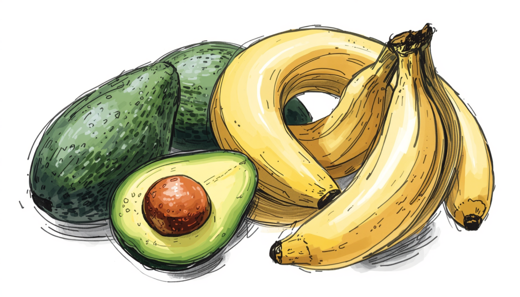 Fresh sliced avocado and ripe bananas packed with potassium and vitamin B6 to naturally reduce period bloating and water retention.