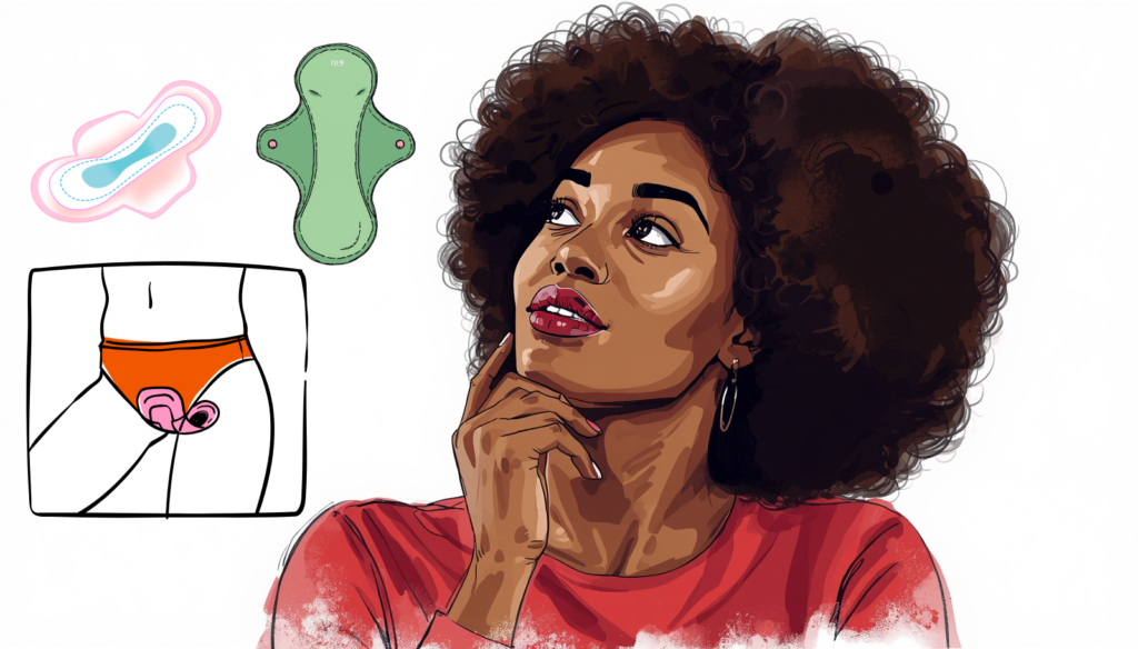 A woman with an afro hairstyle thinking about the choice between synthetic disposable sanitary pads and breathable reusable pads.