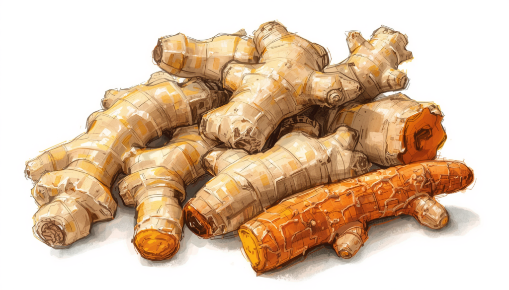 Vibrant anti-inflammatory foods including fresh ginger and turmeric root for natural period pain relief.