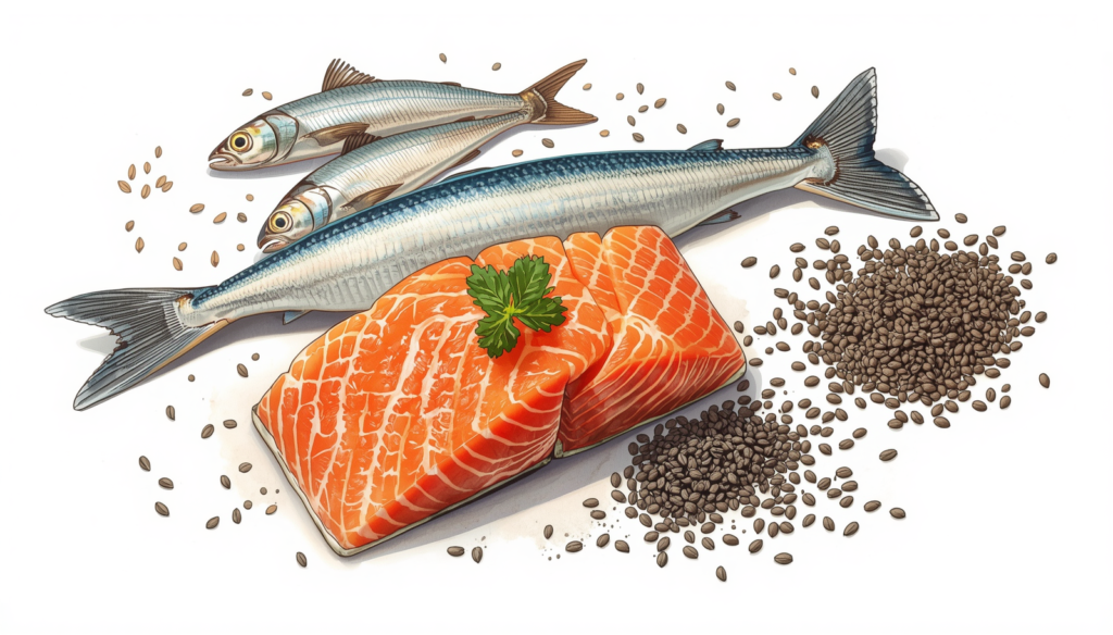Fresh salmon, mackerel fish, and flax seeds packed with omega-3 fatty acids for natural period pain relief.