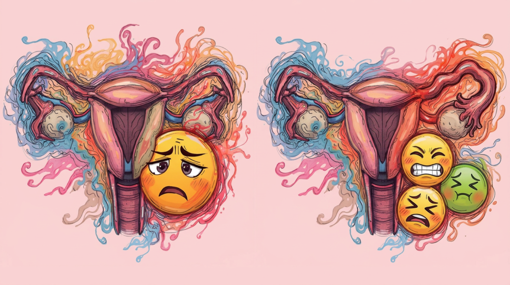Illustration of a sad uterus experiencing intense menstrual cramps and period pain from high prostaglandins.