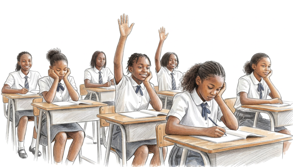An illustration of secondary school girls in uniform at their desks, showing the link between gender, learning, and menstrual health advocacy projects.