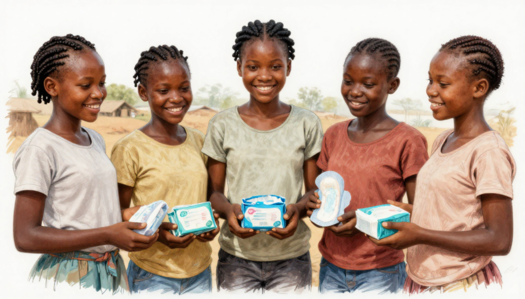 A group of smiling young African girls holding sustainable reusable pads during a menstrual health advocacy outreach program.